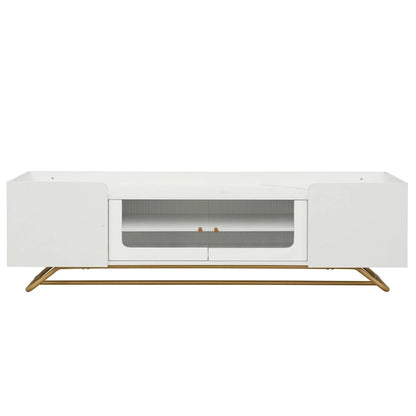 TV Stand with Fluted Glass, Entertainment Center for TVs Up to 70, Faux Marble Top TV Console Table with Gold Frame Base