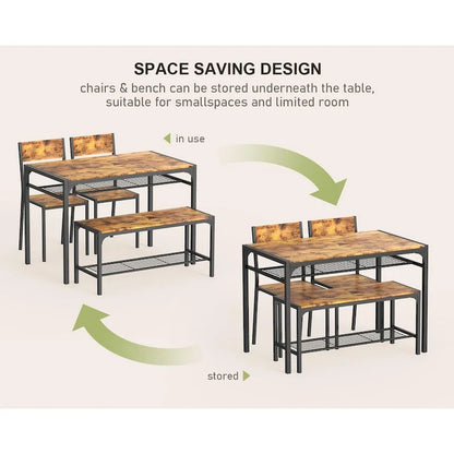 4 Piece Kitchen Dining Table with 2 Chair and Bench for Small Space