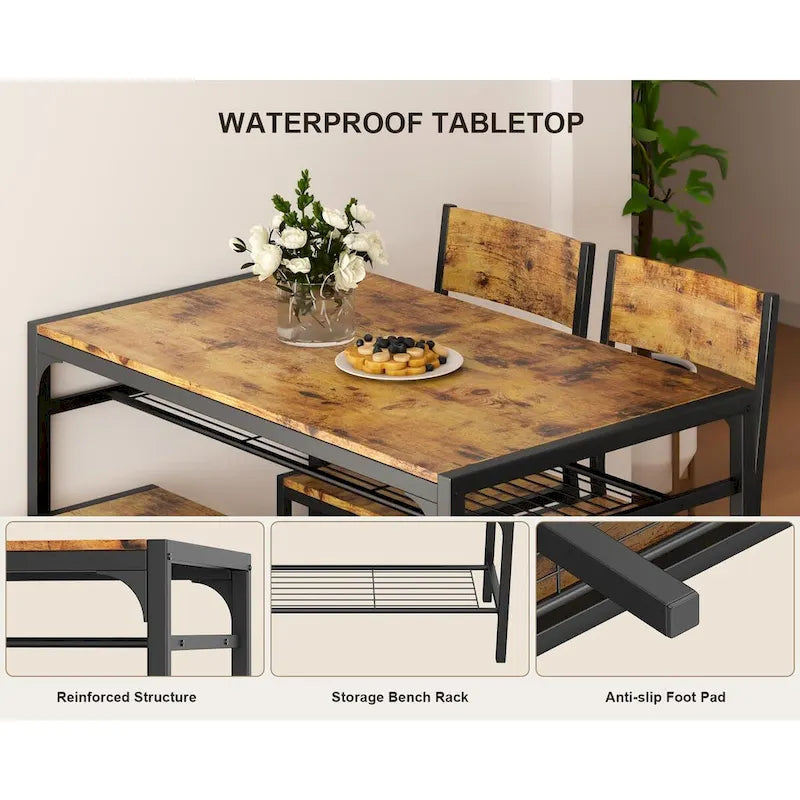 4 Piece Kitchen Dining Table with 2 Chair and Bench for Small Space
