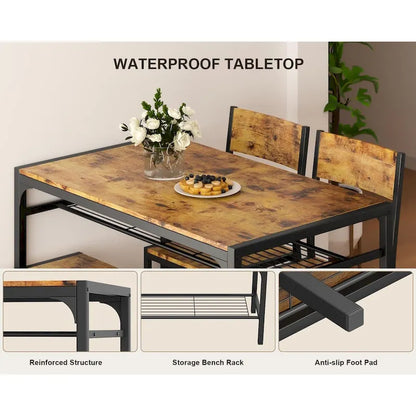 4 Piece Kitchen Dining Table with 2 Chair and Bench for Small Space