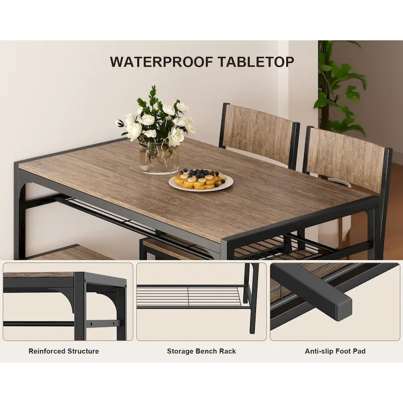 4 Piece Kitchen Dining Table with 2 Chair and Bench for Small Space
