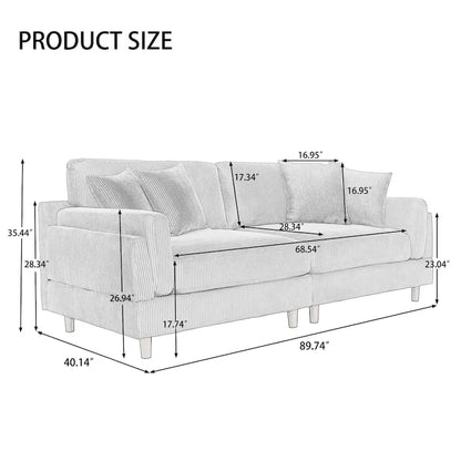 Modern 90 inch Sofa Comfy Corduroy Deep Seats Sofa