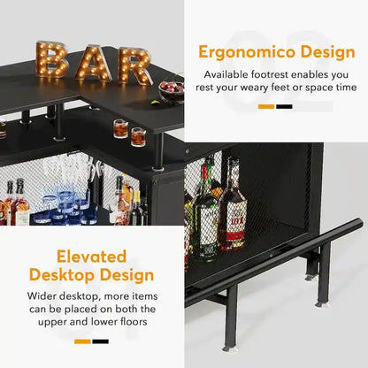 L-shape Bar Table with Stemware Racks and Shelves - N/A