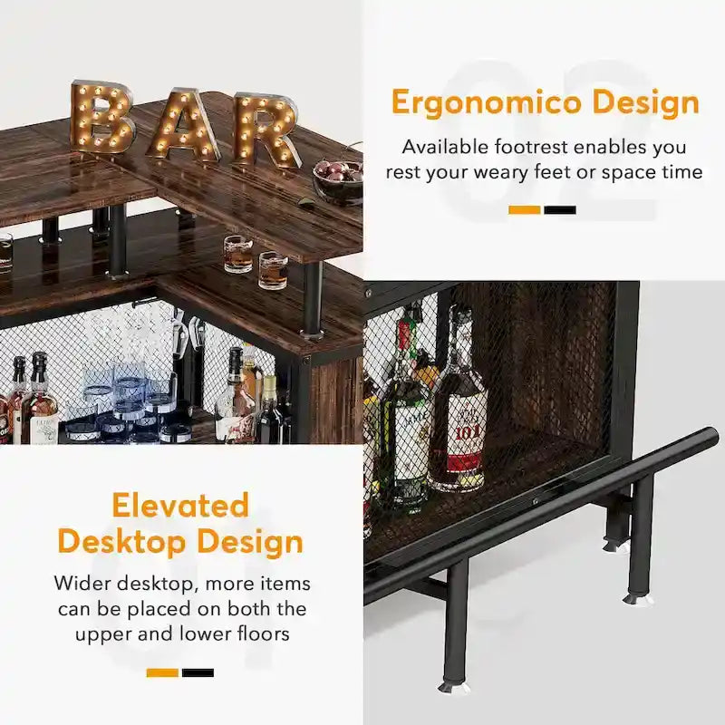 L-shape Bar Table with Stemware Racks and Shelves - N/A