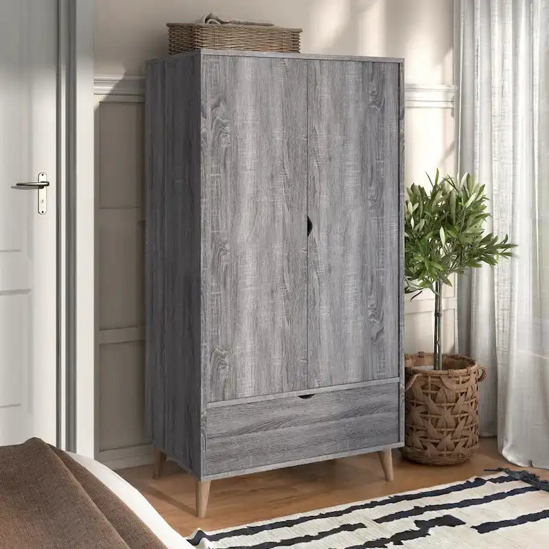 DH BASIC Minimalist Mid-Century Modern Distressed Grey 1-Drawer Wardrobe Armoire by Denhour