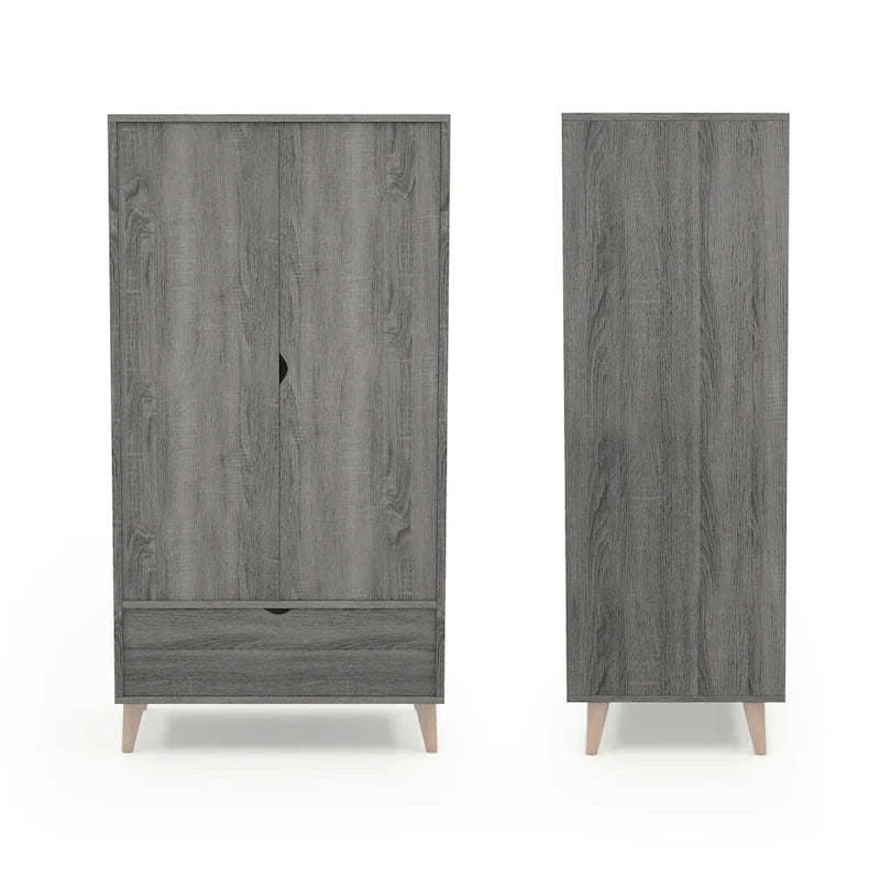 DH BASIC Minimalist Mid-Century Modern Distressed Grey 1-Drawer Wardrobe Armoire by Denhour