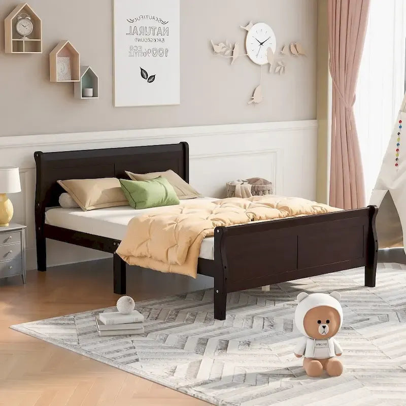 Wooden Slat Support Wood Platform Bed with Headboard