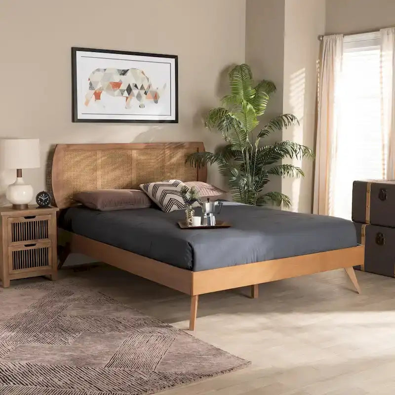 Asami Walnut Finished Wood and Synthetic Rattan Platform Bed