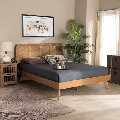 Asami Walnut Finished Wood and Synthetic Rattan Platform Bed