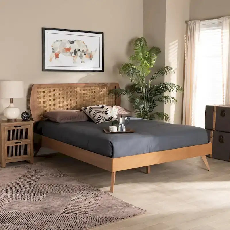 Asami Walnut Finished Wood and Synthetic Rattan Platform Bed