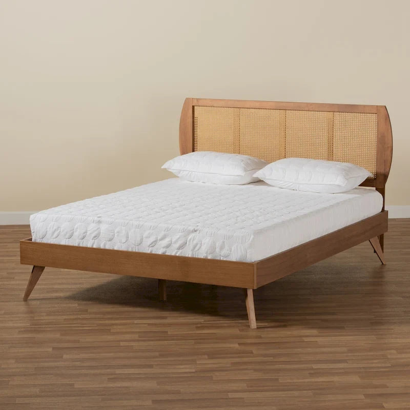 Asami Walnut Finished Wood and Synthetic Rattan Platform Bed