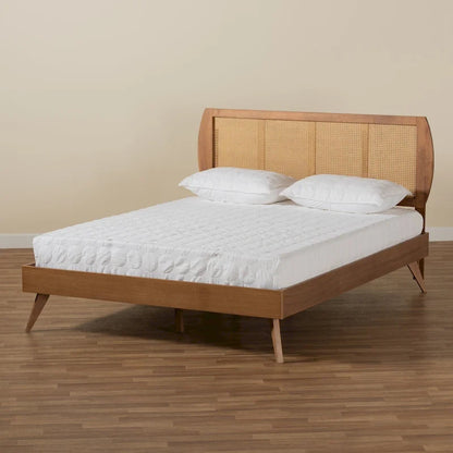 Asami Walnut Finished Wood and Synthetic Rattan Platform Bed