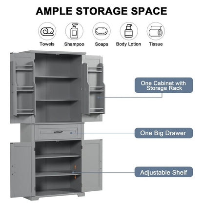Bathroom Floor Cabinet, Freestanding Storage Cabinet with Doors and Drawer, Kitchen Cupboard with Adjustable Shelf