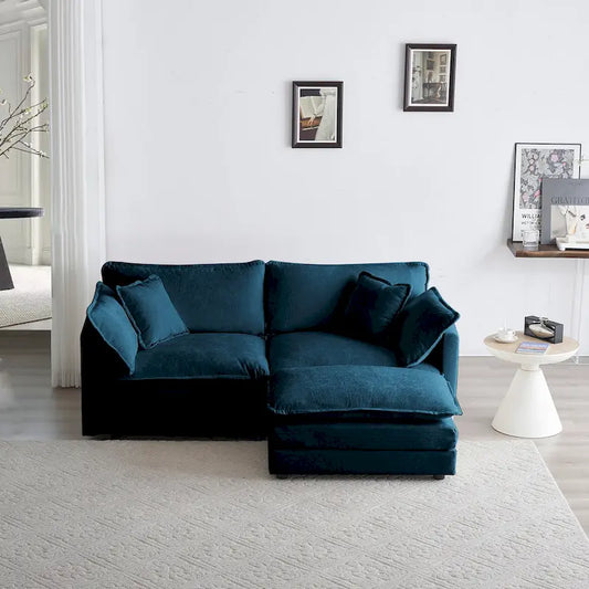 Chenille L-Shaped Sectional, 2 Seater Loveseat with Ottoman Blue