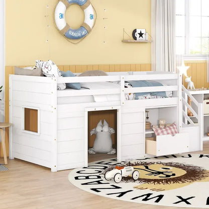 TWIN BED, SOLID WOOD TWIN SIZE LOW LOFT BED WITH STAIR, DRAWER, AND SHELF OF GREY COLOR