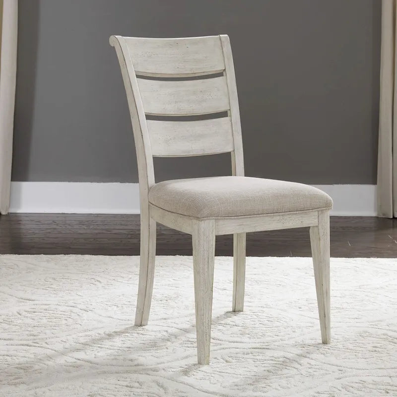 Farmhouse Reimagined Antique White Ladder Back Upholstered Side Chair (Set of 2)
