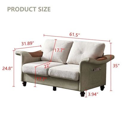 Linen Fabric Faux Leather Sofa with Two Removable Storage Boxes