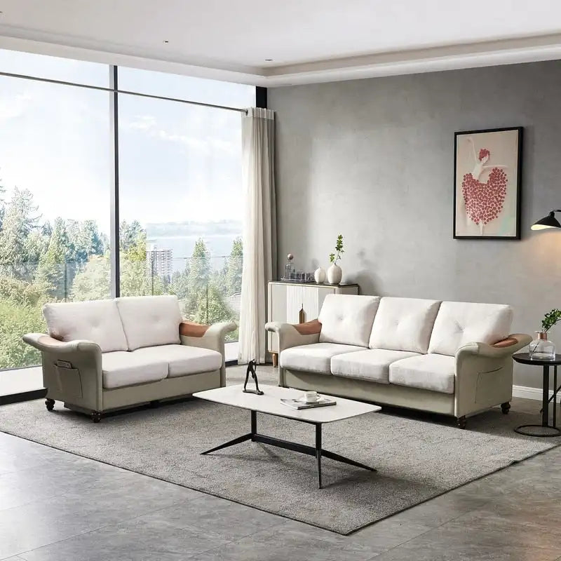 Linen Fabric Faux Leather Sofa with Two Removable Storage Boxes