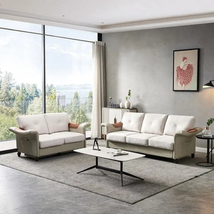 Linen Fabric Faux Leather Sofa with Two Removable Storage Boxes