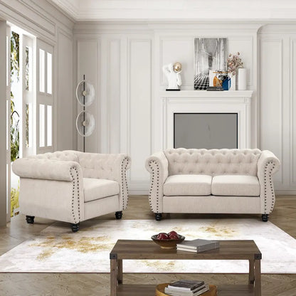 Morden Fort Chair, Loveseat 2-pcs Set Tufted Upholstered Chesterfield Furniture Set