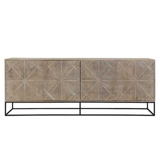 Zion 84 Mango Wood Carved 4-Door Sideboard with Iron Base