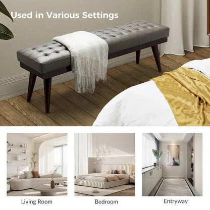 Felisa Modern Genuine Leather Tufted Bench With Solid Wood Base By HULALA HOME