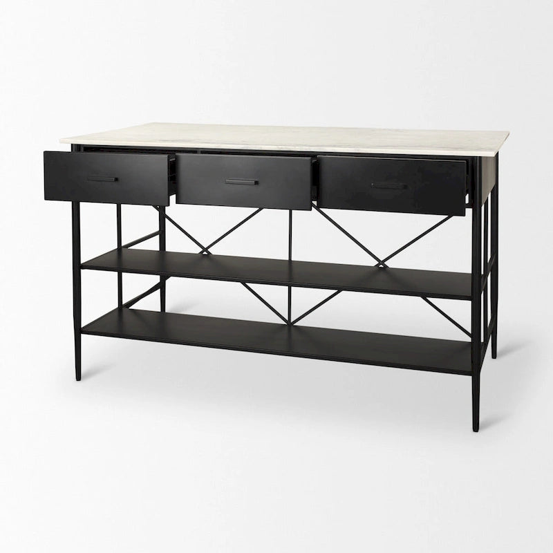 Amika White Solid Marble Top with Black Metal Base Kitchen Island