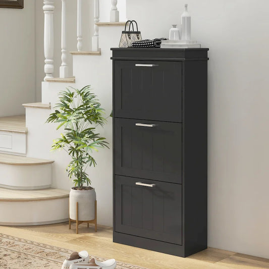 HOMCOM Shoe Cabinet for Entryway, Narrow Shoe Rack Storage Organizer with 3 Flip Drawers and Adjustable Shelves