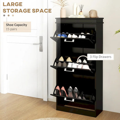 HOMCOM Shoe Cabinet for Entryway, Narrow Shoe Rack Storage Organizer with 3 Flip Drawers and Adjustable Shelves