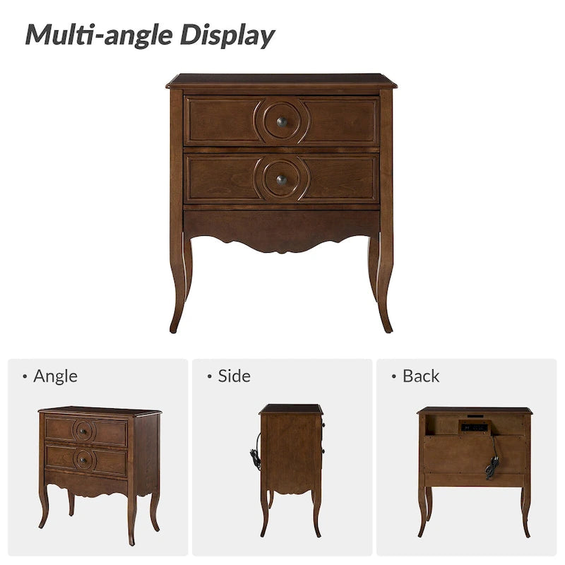 Sidney Traditional 3-Drawer Nightstand with Built-In Outlets and USB by HULALA HOME