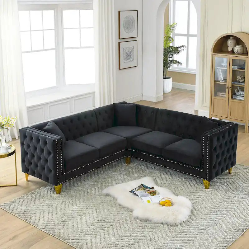 82.2-Inch Velvet Corner Sofa, L-Shaped Sectional Couch, 5-Seater Corner Sofas with 3 Cushions for Living Room, Bedroom, Apartmen