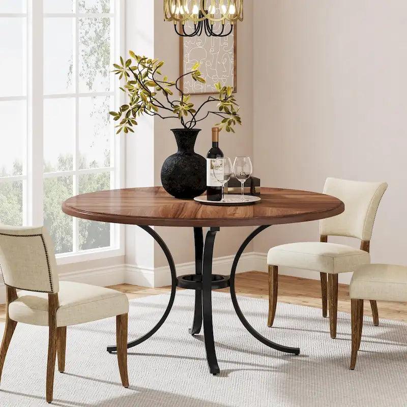 Round Dining Table for 4-6 People, 47 Farmouse Kitchen Table for Dining Room, Living Room, Rustic
