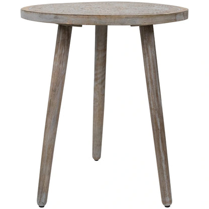 21 Antique Gray Engraved Round Tri Leg Wooden Side Table