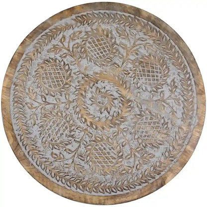 21 Antique Gray Engraved Round Tri Leg Wooden Side Table