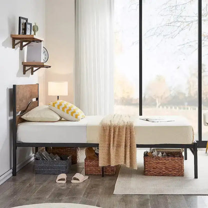 Javlergo Metal Platform Bed Frame with Wooden Headboard and Footboard, Industrial Metal Bedframe No Box Spring Needed