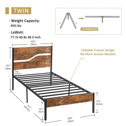 Javlergo Metal Platform Bed Frame with Wooden Headboard and Footboard, Industrial Metal Bedframe No Box Spring Needed