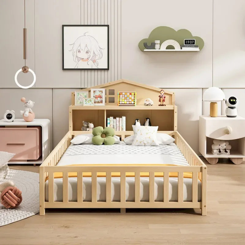 Full-size Floor Beds with Bookcases and Blackboards for Kids