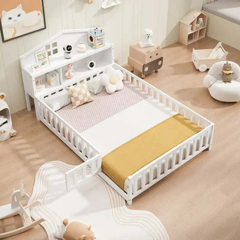Full-size Floor Beds with Bookcases and Blackboards for Kids