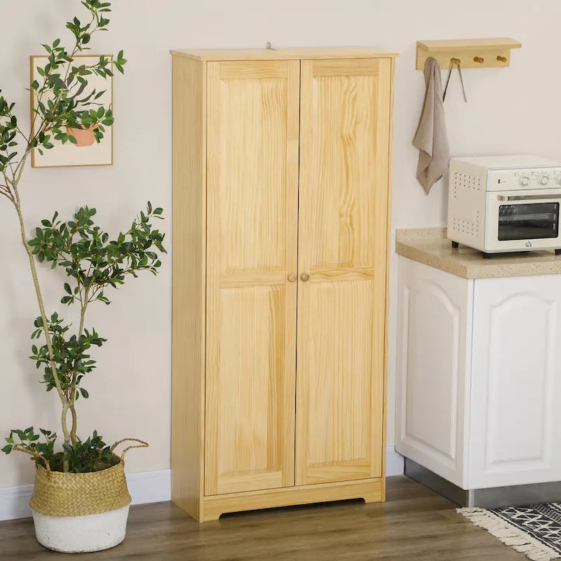 67 Pinewood Kitchen Pantry Storage Cabinet, Freestanding Cabinets with Doors and Shelf Adjustability, Soft-Close Mechanism