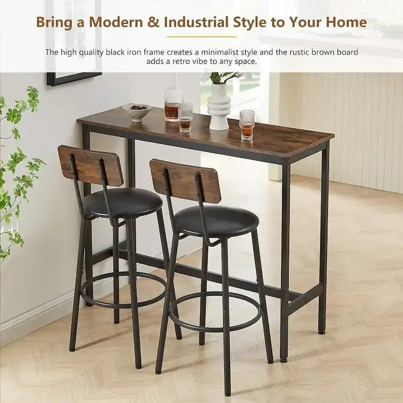 3 Pieces Bar Table and 2 Chairs Set, Industrial Style Bar Stools PU Upholstery Seat with Backrest
