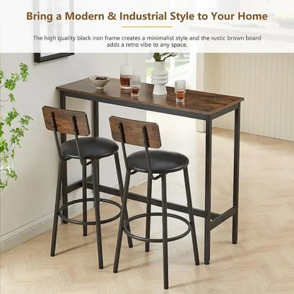 3 Pieces Bar Table and 2 Chairs Set, Industrial Style Bar Stools PU Upholstery Seat with Backrest