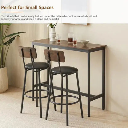 3 Pieces Bar Table and 2 Chairs Set, Industrial Style Bar Stools PU Upholstery Seat with Backrest