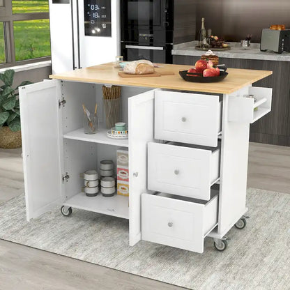 White Rolling Kitchen Island Solid Wood Top, Locking Wheels, Storage & More