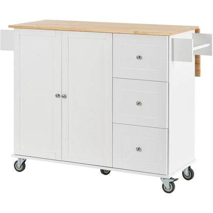 White Rolling Kitchen Island Solid Wood Top, Locking Wheels, Storage & More