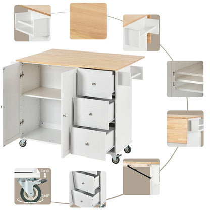 White Rolling Kitchen Island Solid Wood Top, Locking Wheels, Storage & More