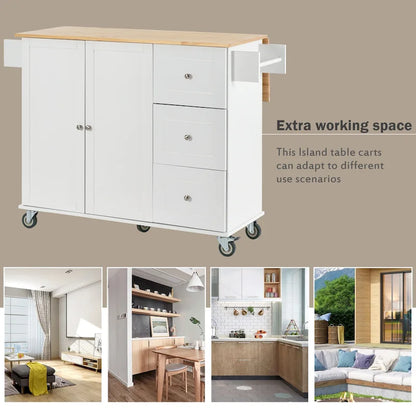 White Rolling Kitchen Island Solid Wood Top, Locking Wheels, Storage & More