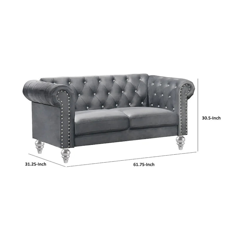 Ben 62 Inch Velvet Loveseat with Crystal Tufted Back, Grey