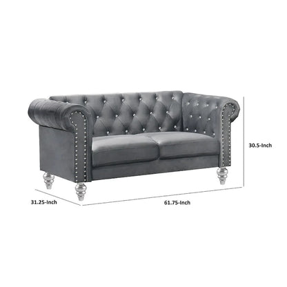 Ben 62 Inch Velvet Loveseat with Crystal Tufted Back, Grey