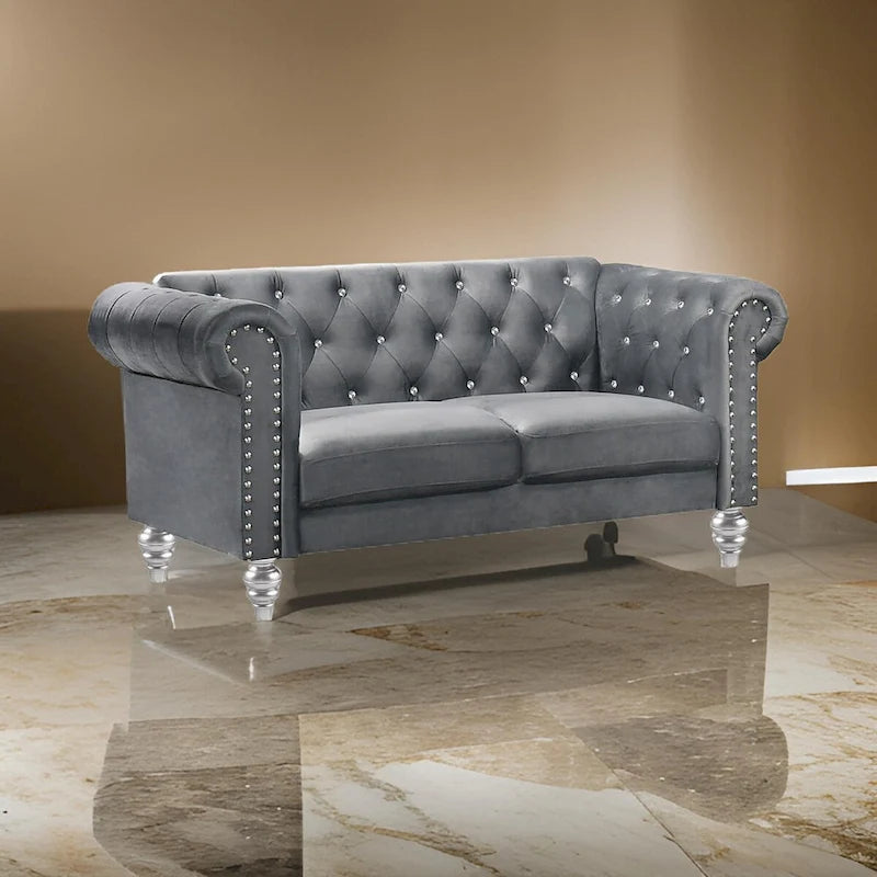 Ben 62 Inch Velvet Loveseat with Crystal Tufted Back, Grey