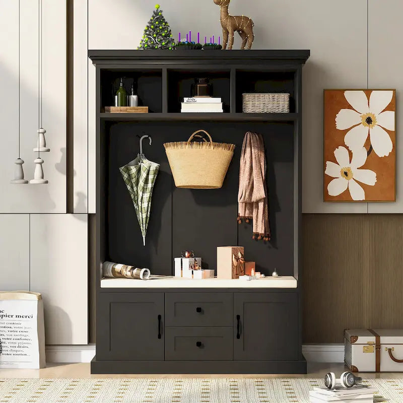 3-in-1 Design Hall Tree with 3 Hooks and Storage Bench - 47.24W x 70.9H x 15.74D